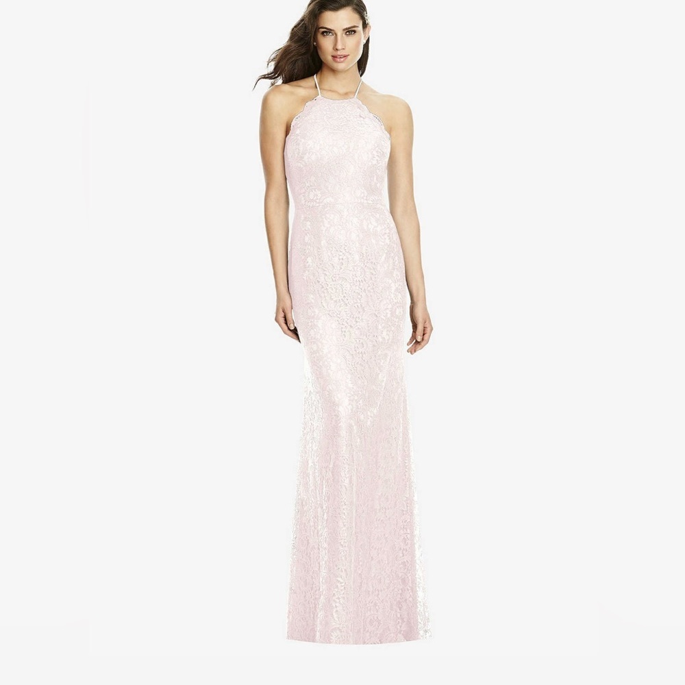 Dressy HALTER CRISS CROSS OPEN-BACK LACE TRUMPET GOWN IN Blush Pink Size 6 NWT
